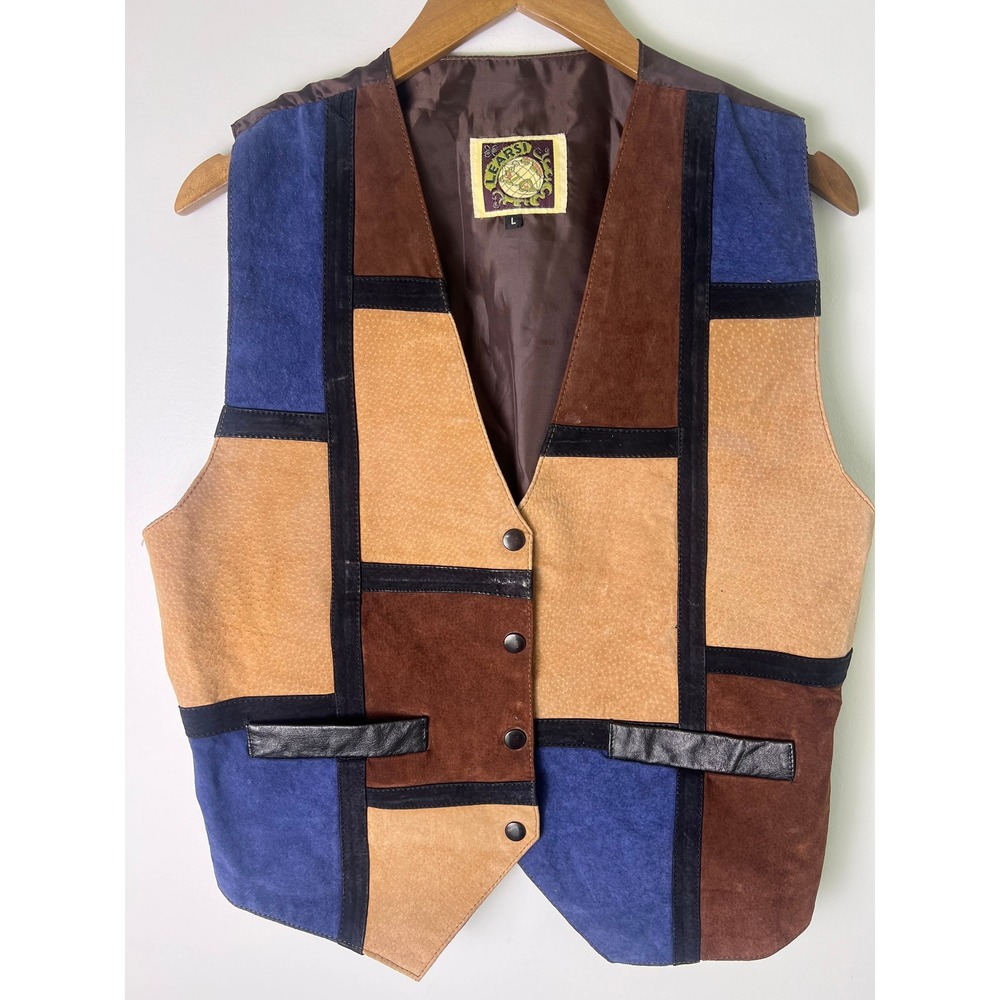 VTG Learsi Patchwork Leather Vest Men LG Suede Colorblock Western Cowboy Rodeo